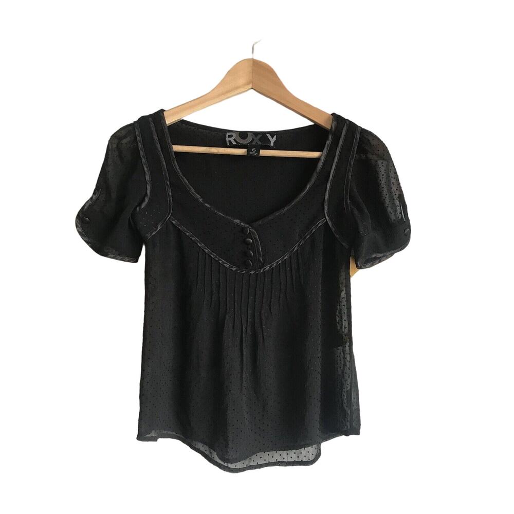 Roxy Sheer Pop Over Black Blouse Size XS